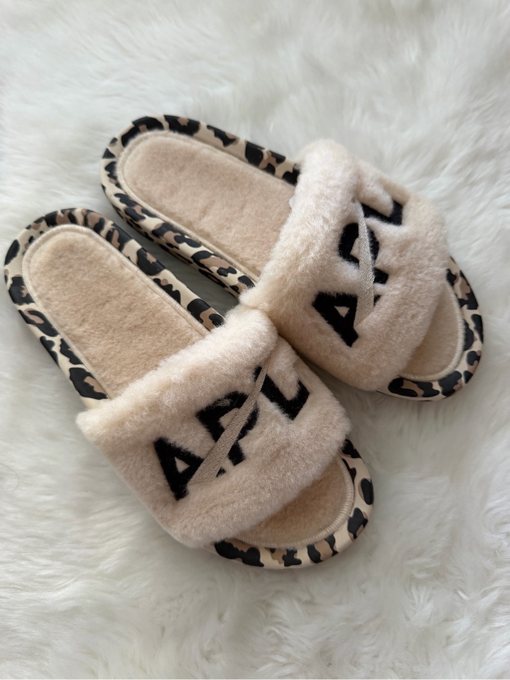 New! APL Cream Fuzzy Slide Sandals with Leopard Trim